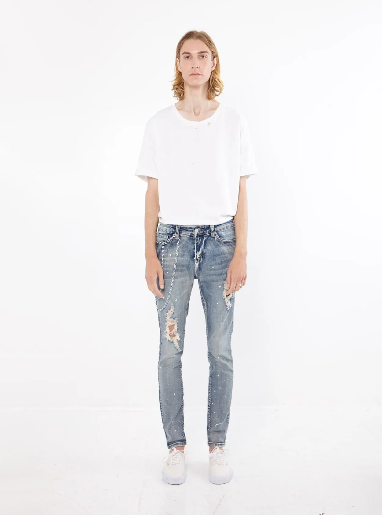 Paint Splatter Denim Jeans in Medium Blue