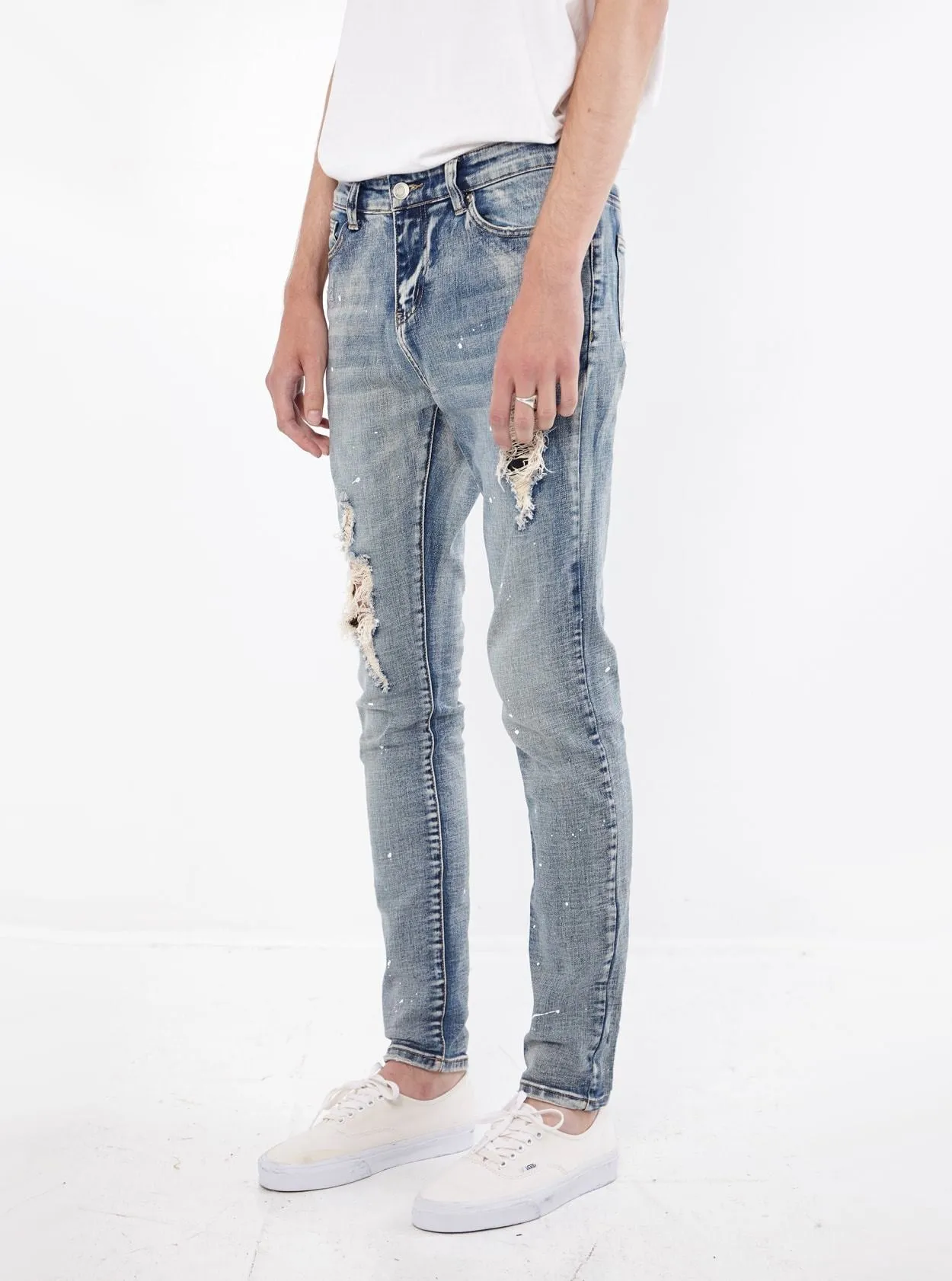 Paint Splatter Denim Jeans in Medium Blue