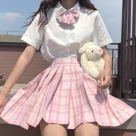 Plaid Pink Cherry Blossom Sakura Japanese Student Sailor Uniform Seifuku White Shirt & Skirt & Bow Tie Two Piece Set