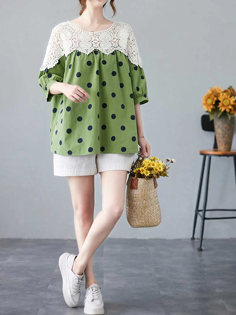 Polka Dot Print Cotton Floral Net Lace Shirt Top