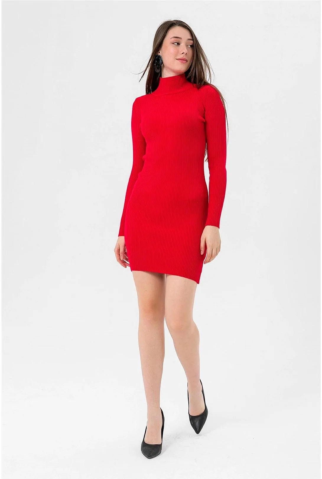 Red Turtleneck Knitted Mini Sweater Dress for Women | Long Sleeve, Slim Fit