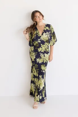 Ryker Kimono Sleeve Floral Print Maxi Dress Black