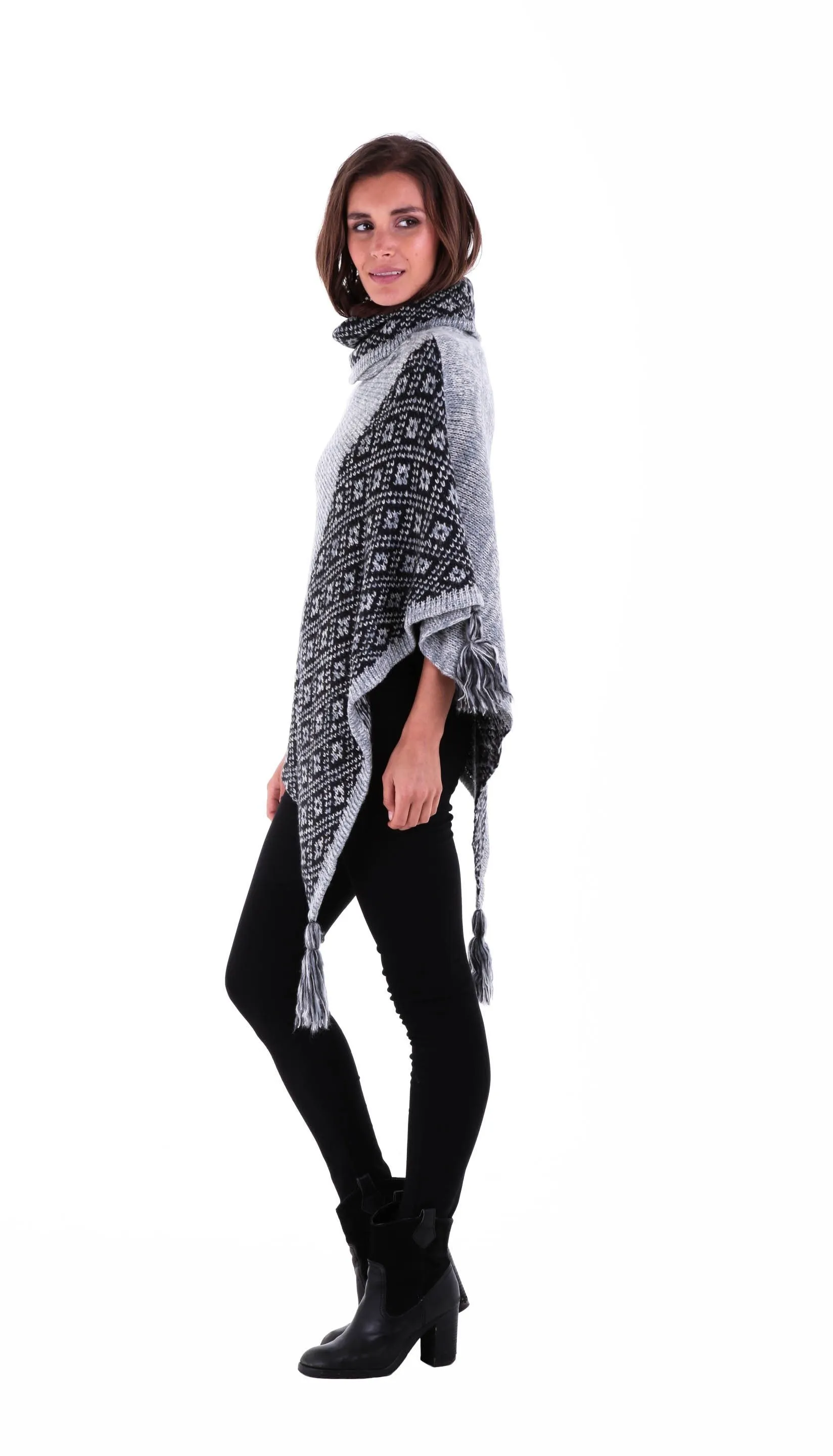 SHU-SHI Women's Boho Turtleneck Poncho - Knit Shawl Sweater Cape with Tassels