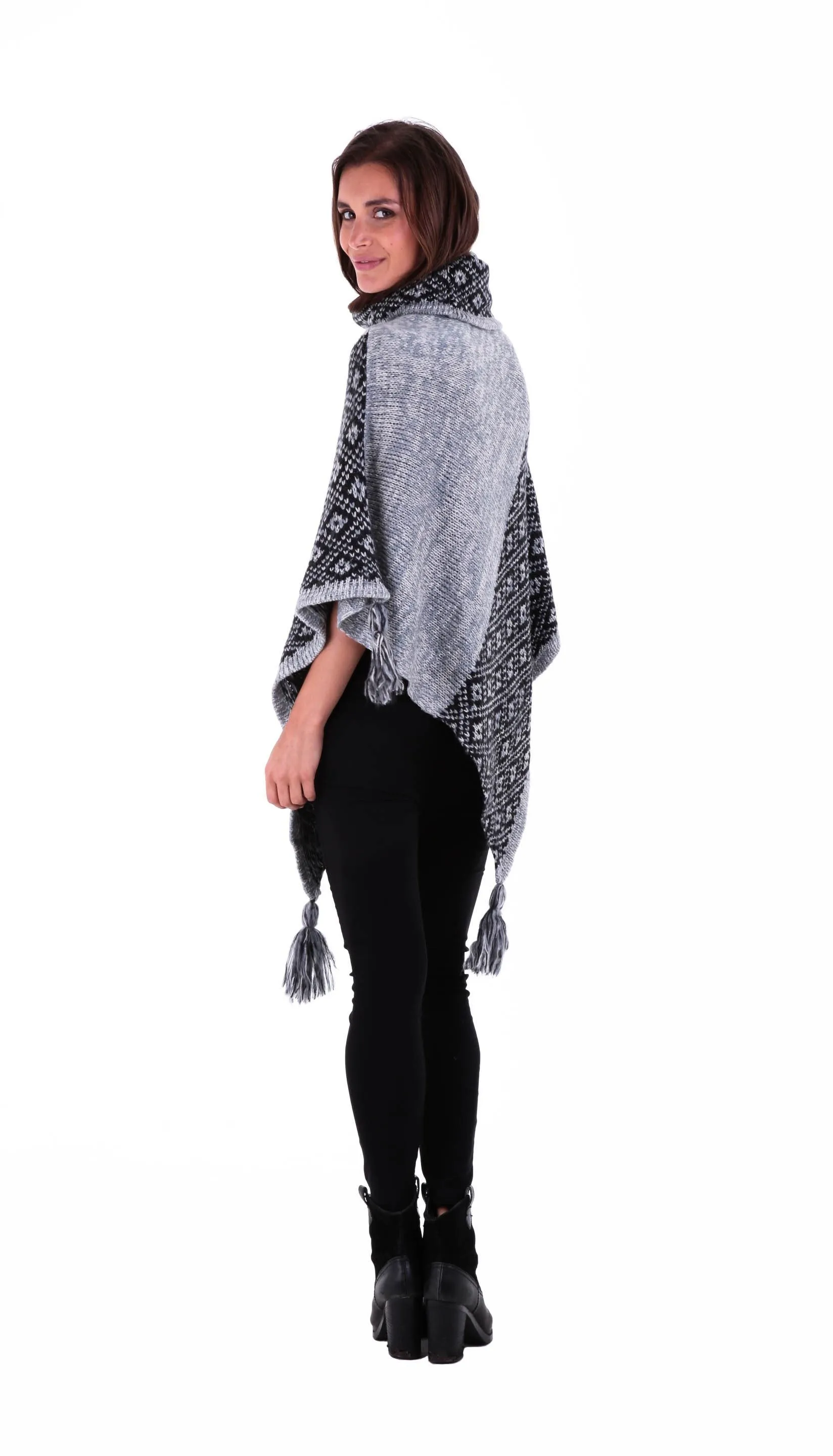 SHU-SHI Women's Boho Turtleneck Poncho - Knit Shawl Sweater Cape with Tassels