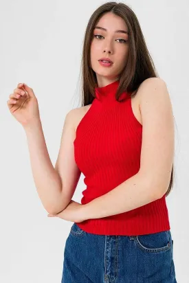 Sleeveless Mock Turtleneck Ribbed Knit Tank Top - Red | Slim Fit Crop Top for Stylish Layering