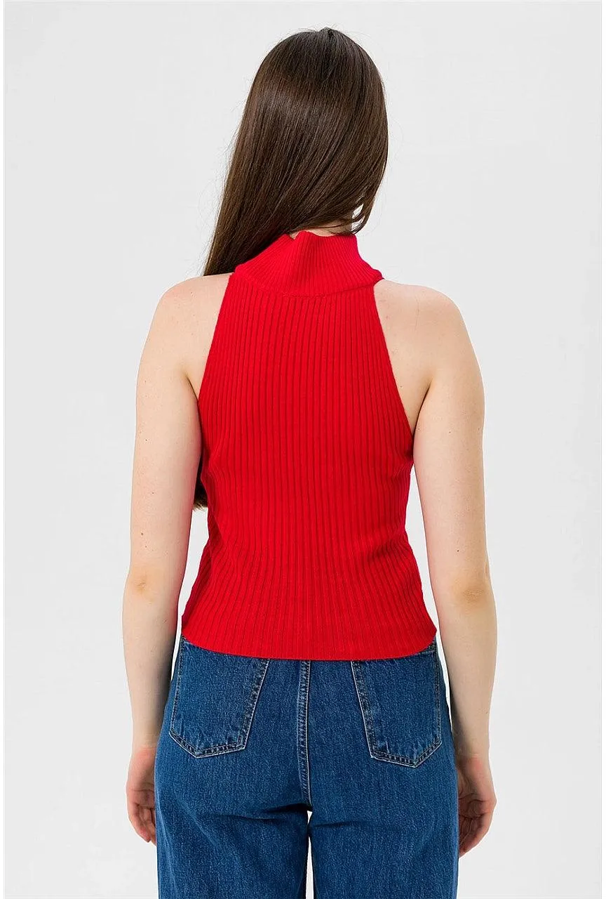 Sleeveless Mock Turtleneck Ribbed Knit Tank Top - Red | Slim Fit Crop Top for Stylish Layering