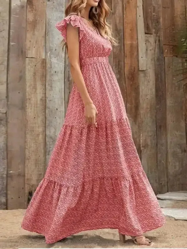 Spring new fashion women’s V-neck long skirt waist floral print large swing dress