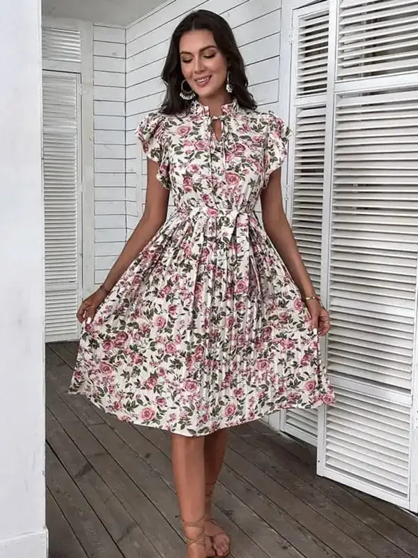 Summer European and American retro skirt print mid-length white dress