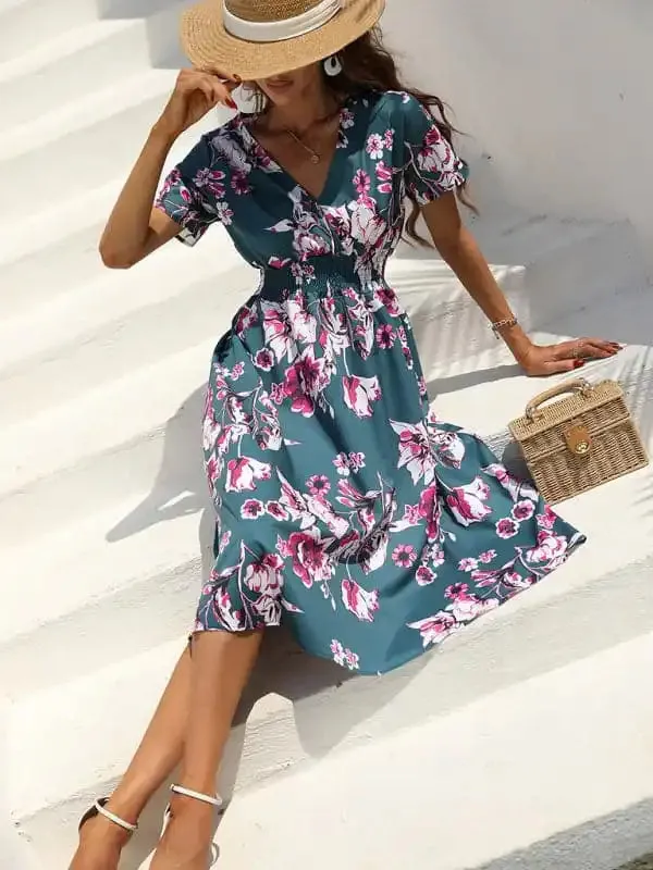 Summer new elegant casual vacation V-neck floral print short-sleeved dress