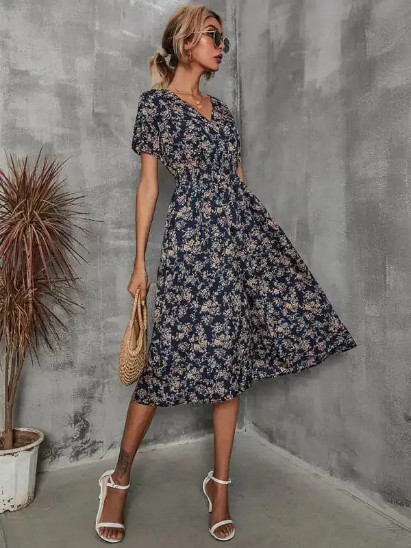 Summer new elegant casual vacation V-neck floral print short-sleeved dress