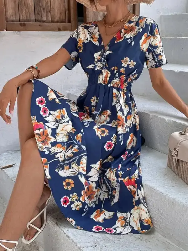 Summer new elegant casual vacation V-neck floral print short-sleeved dress