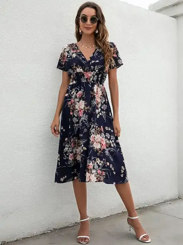 Summer new elegant casual vacation V-neck floral print short-sleeved dress