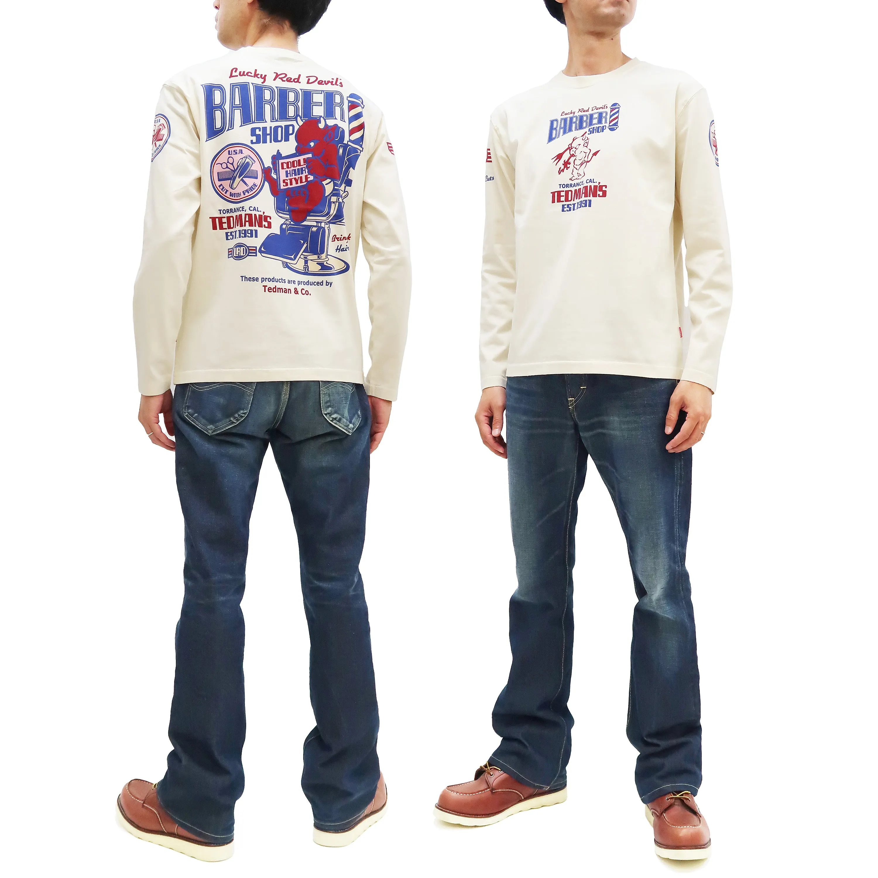 Tedman T-Shirt Men's Lucky Devil Barbershop Graphic Long Sleeve Tee Efu-Shokai TDLS-352 Off-White