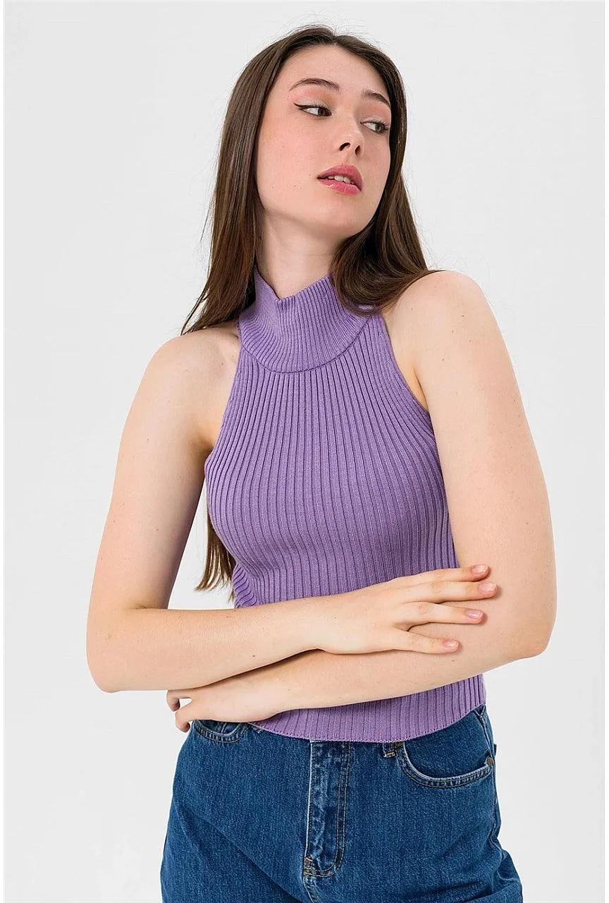 Turtleneck Sleeveless Knitted Sweater - Lilac Purple | Women's Cozy Knitwear