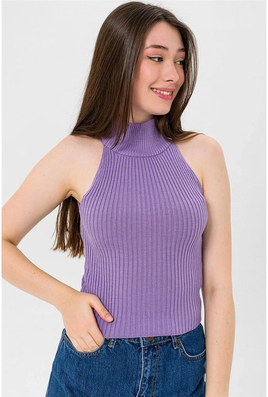 Turtleneck Sleeveless Knitted Sweater - Lilac Purple | Women's Cozy Knitwear