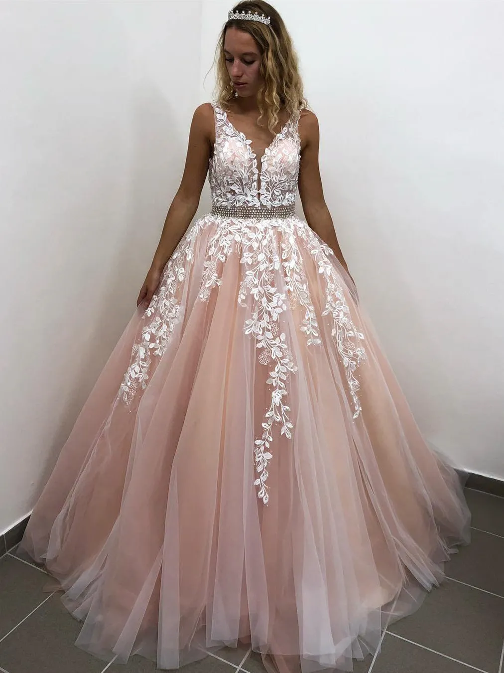 V Neck Backless Long Pink Lace Prom, Pink Lace Formal, Pink Evening