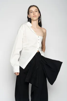 WHITE ONE SHOULDER DRAPED SHIRT