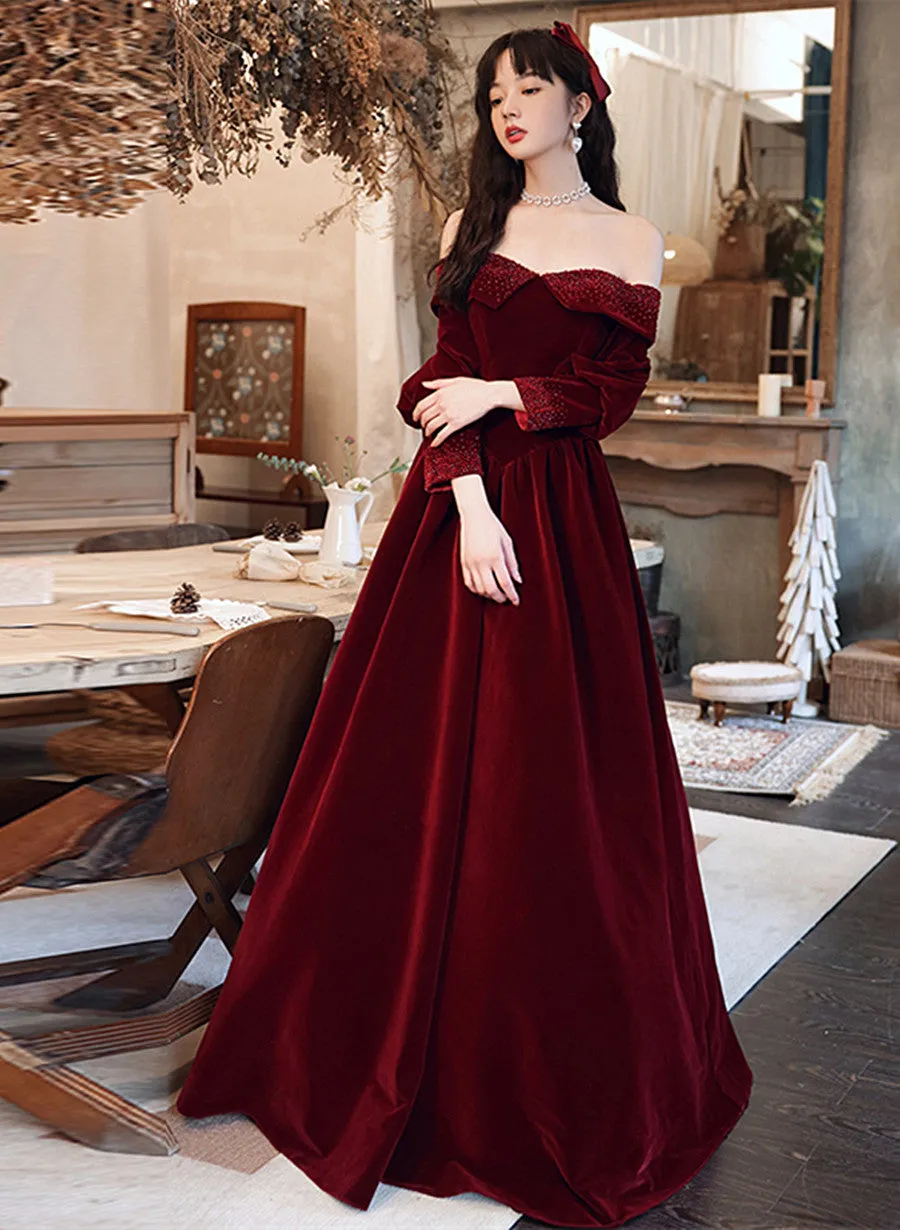 Wine Red Velvet Long Sleeves Beaded Party Dress, Sweetheart Long Prom Dress