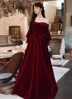 Wine Red Velvet Long Sleeves Beaded Party Dress, Sweetheart Long Prom Dress