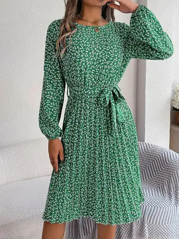 Women’s casual long-sleeved floral large hem pleated dress