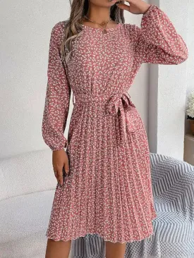 Women’s casual long-sleeved floral large hem pleated dress