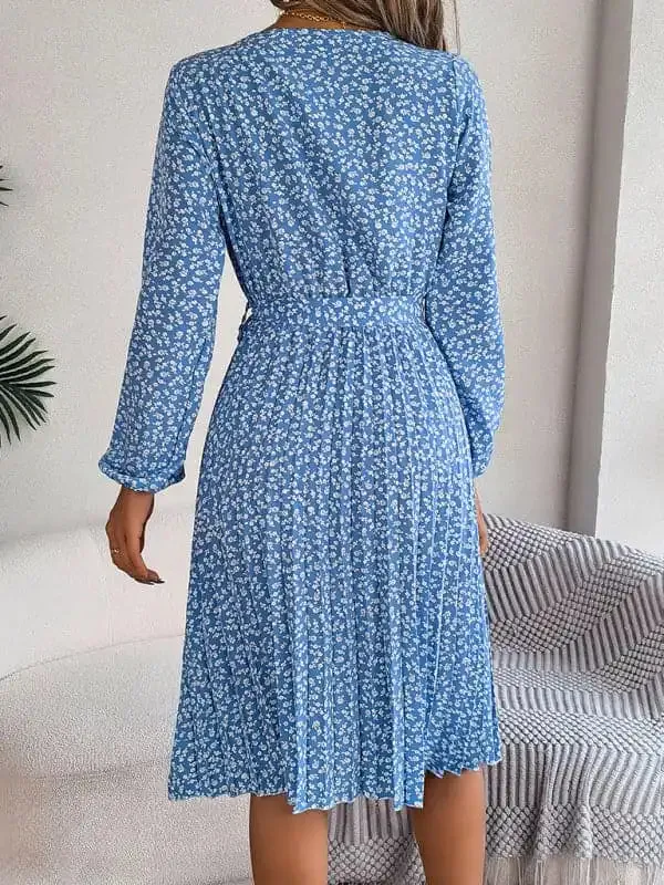 Women’s casual long-sleeved floral large hem pleated dress