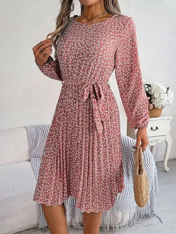 Women’s casual long-sleeved floral large hem pleated dress