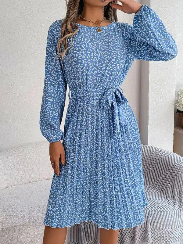 Women’s casual long-sleeved floral large hem pleated dress