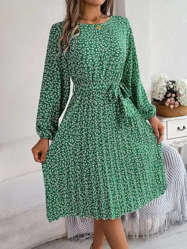 Women’s casual long-sleeved floral large hem pleated dress