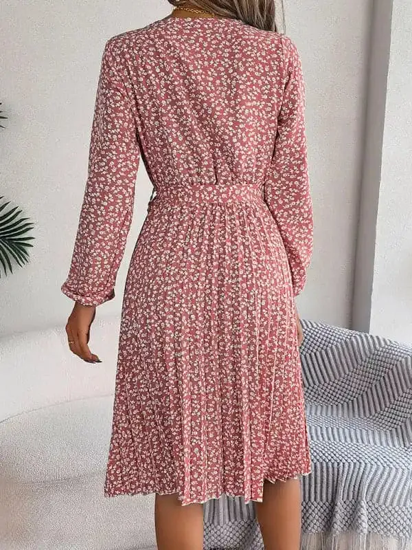 Women’s casual long-sleeved floral large hem pleated dress