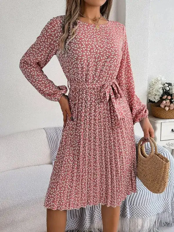 Women’s casual long-sleeved floral large hem pleated dress