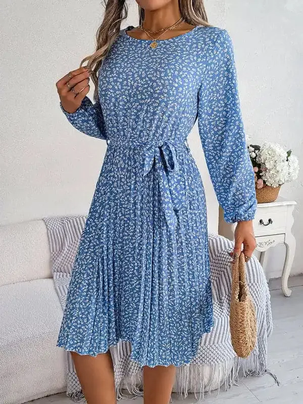 Women’s casual long-sleeved floral large hem pleated dress