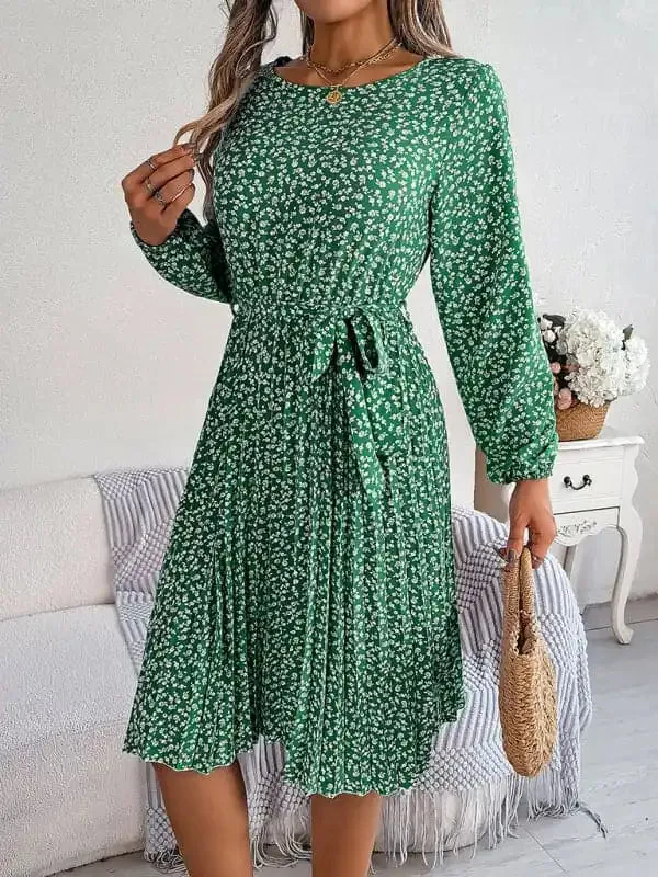 Women’s casual long-sleeved floral large hem pleated dress