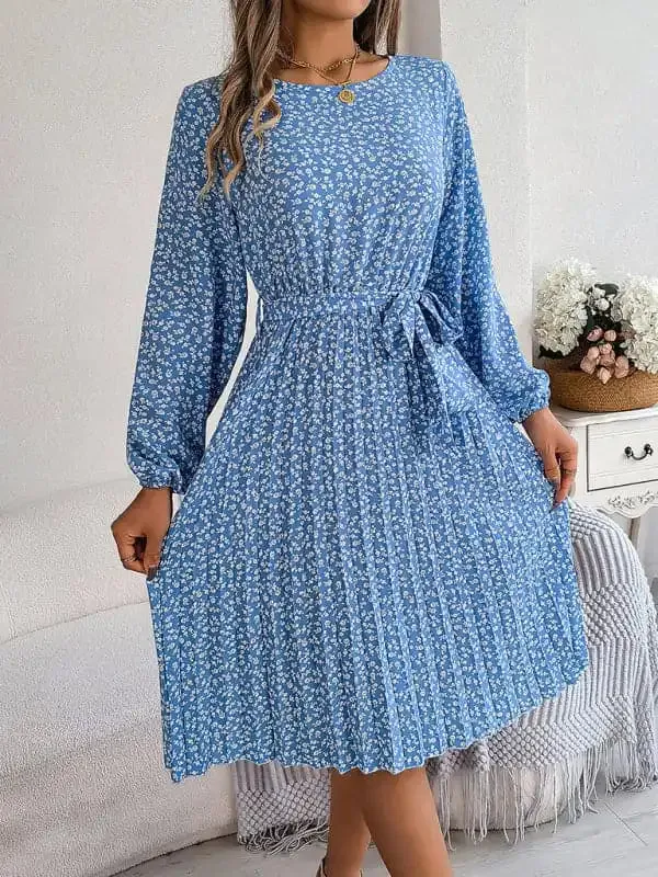 Women’s casual long-sleeved floral large hem pleated dress