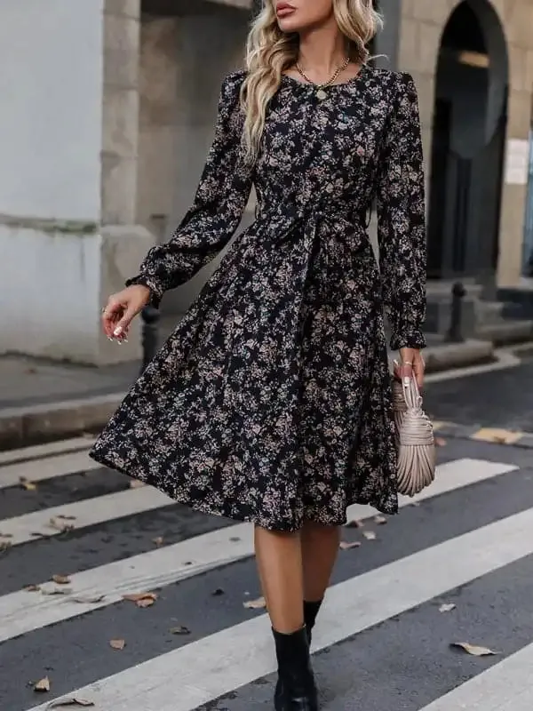 Women’s Elegant Round Neck Floral Belt Dress