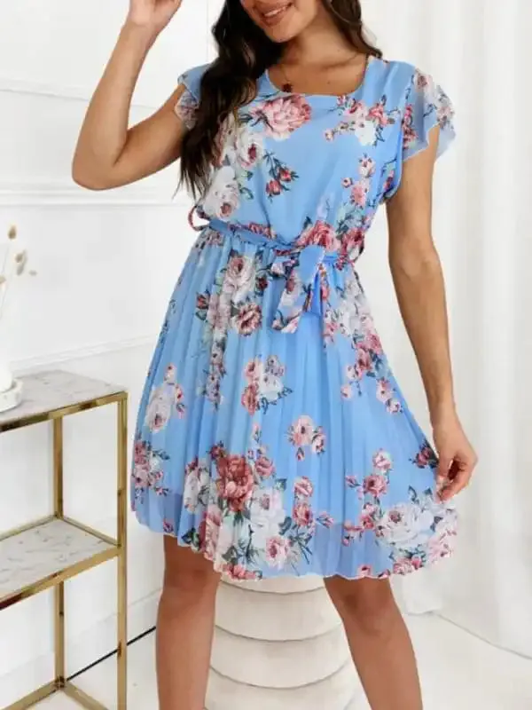 Women’s fluttering sleeve waist floral pleated dress