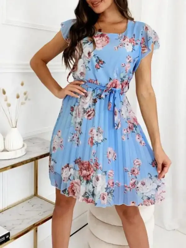 Women’s fluttering sleeve waist floral pleated dress