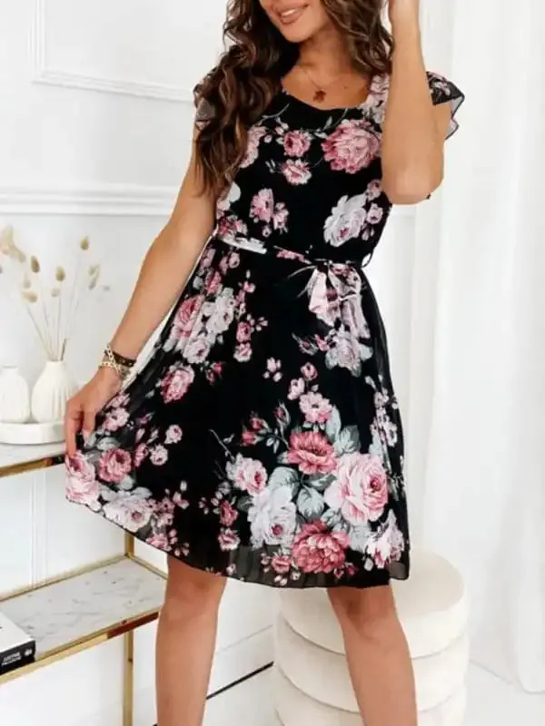 Women’s fluttering sleeve waist floral pleated dress