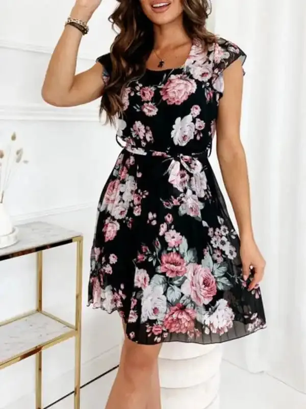 Women’s fluttering sleeve waist floral pleated dress