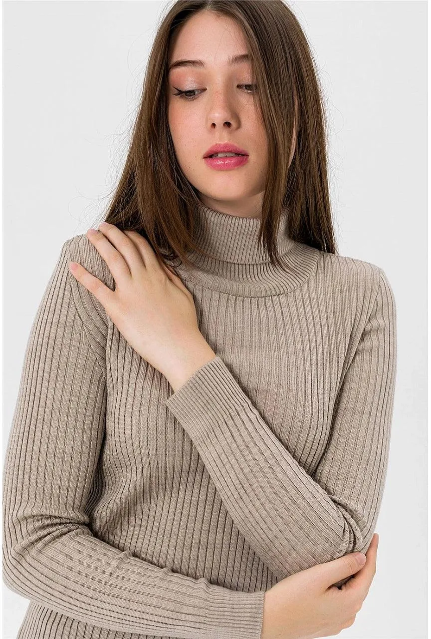 Women's Knitted High Neck Sweater - Stone Color | Cozy Corduroy Knit