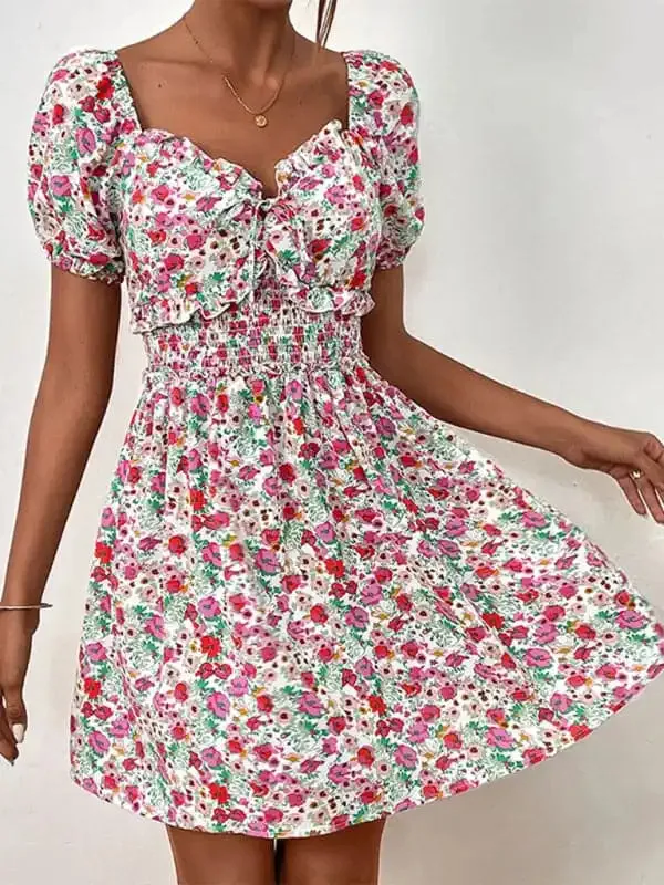 Women’s New High Waist Puff Sleeve Floral Dress