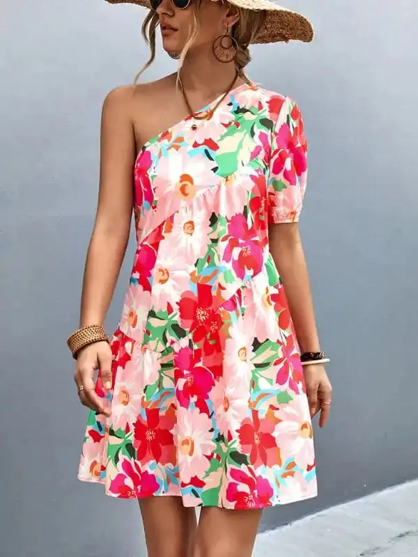 Women’s Printed One Shoulder Diagonal Dress