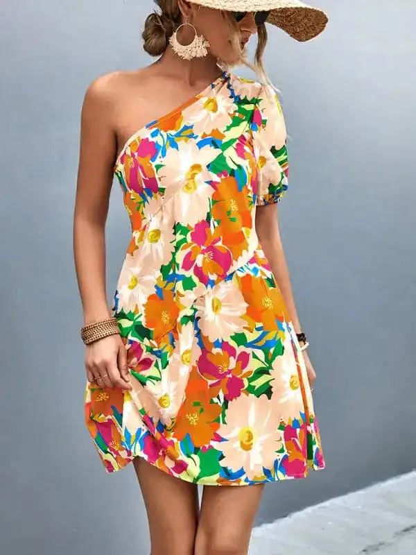 Women’s Printed One Shoulder Diagonal Dress