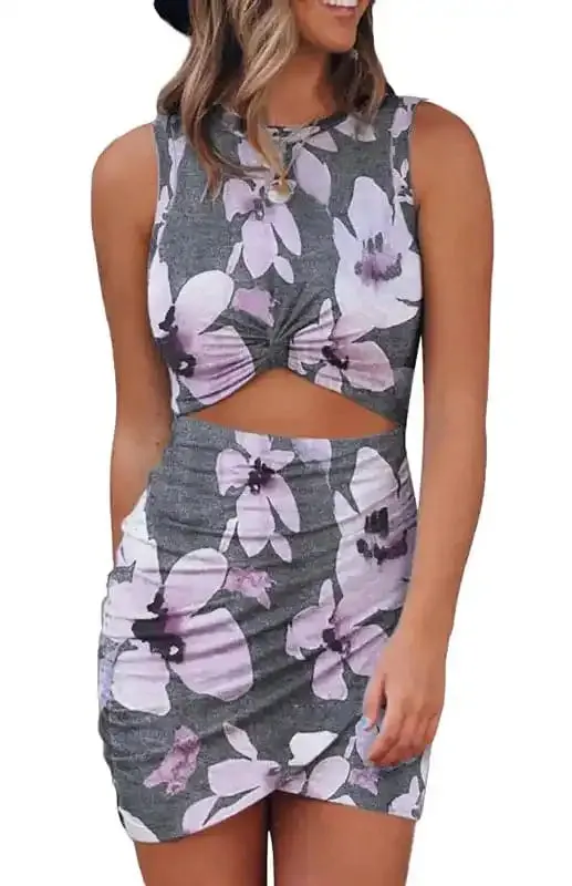 Women’s Summer Floral Print Cut Out Wrap Tie Knot Dress