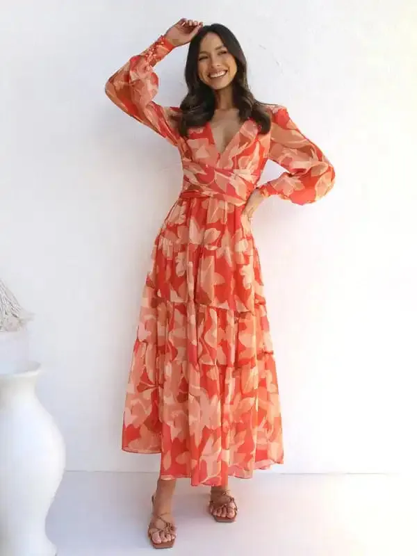 Women’s V-neck long-sleeved floral long-sleeved dress