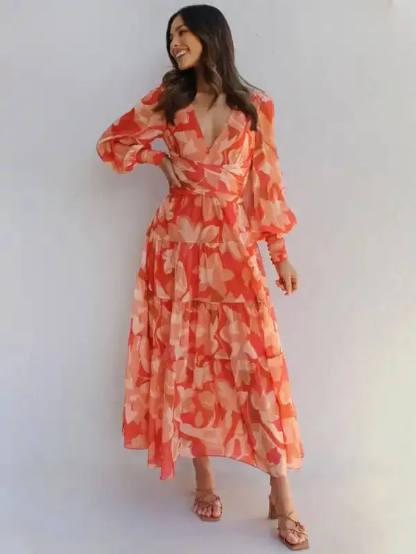 Women’s V-neck long-sleeved floral long-sleeved dress