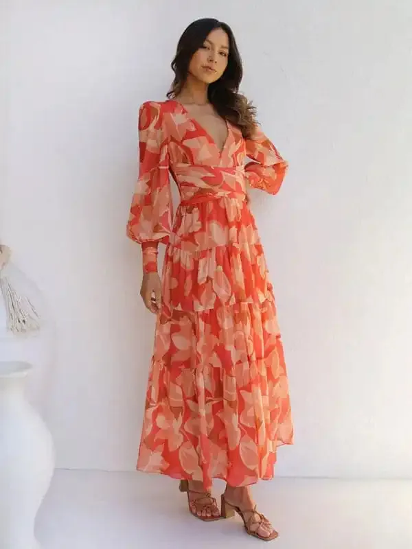 Women’s V-neck long-sleeved floral long-sleeved dress