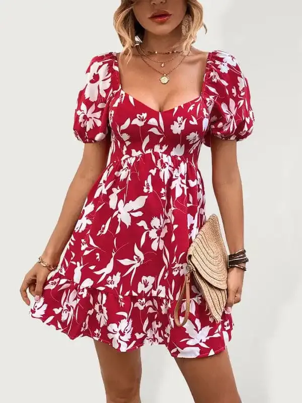 Women’s Woven French Vintage Sweetheart Neck Print Dress