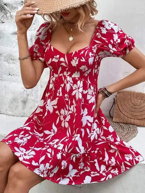 Women’s Woven French Vintage Sweetheart Neck Print Dress