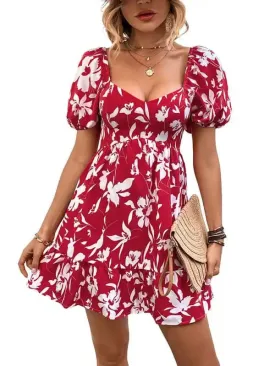 Women’s Woven French Vintage Sweetheart Neck Print Dress